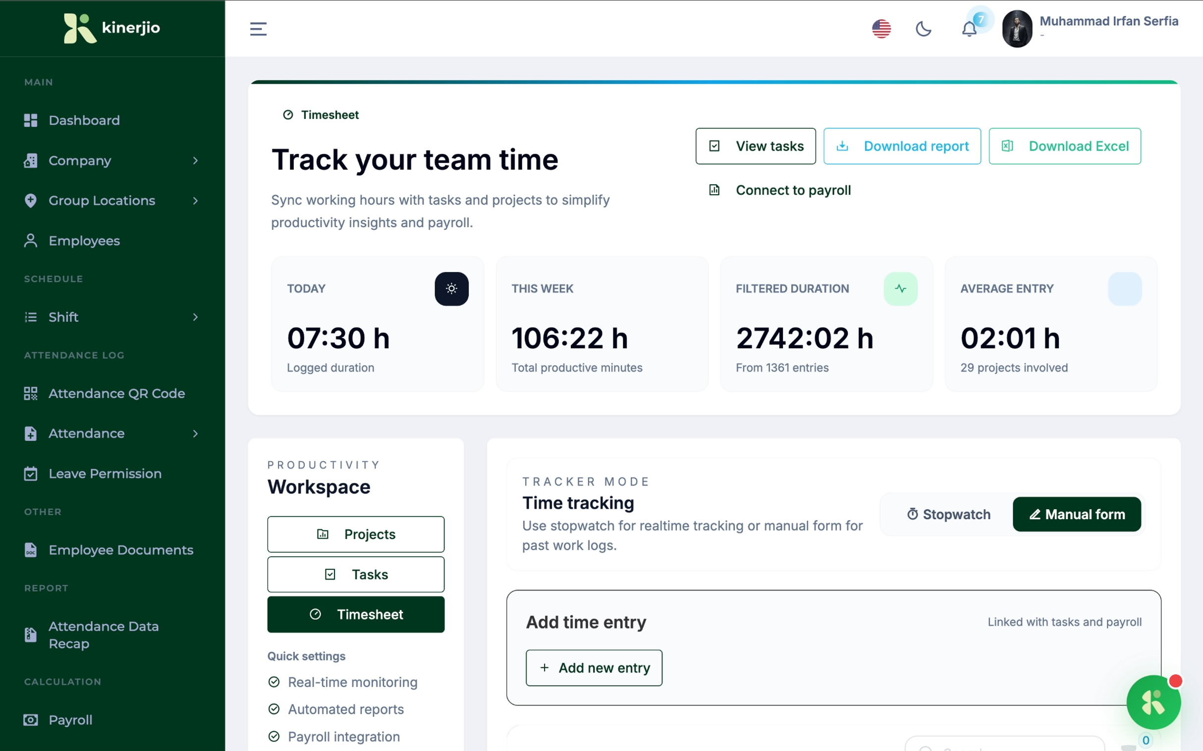 Kinerjio timesheet workspace